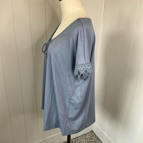 Fred David Womens Large Pullover Tie Neck Top Blue Tassels Textured Short Sleeve - Picture 8 of 13